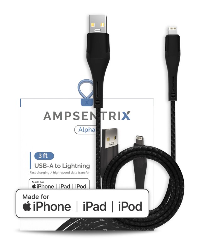 AmpSentrix Alpha Lightning to USB-A Cavo (MFI) (1m, 3ft) (Nero)