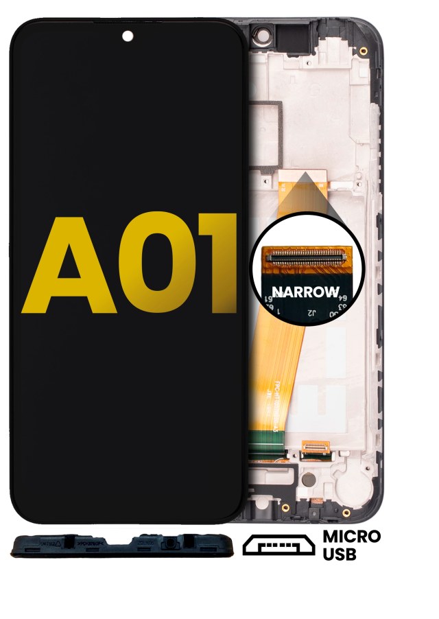 Display LCD completo con Frame per Samsung Galaxy A01 (Micro USB Frame / Narrow Connettore) (Refurbished) (tutti i colori)