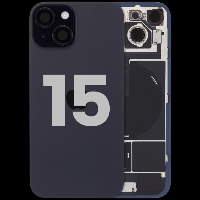 Vetro posteriore con magnete MagSafe, NFC e flat flash per iPhone 15 (Used Service Pack Pull: grado A) (Nero)