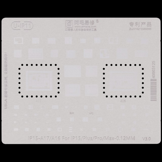 U-IP11 0.12MM A16/A17 Universal CPU Rework Repair BGA Reballing Stencil per iPhone 15 Series (Amaoe) (V3.0)