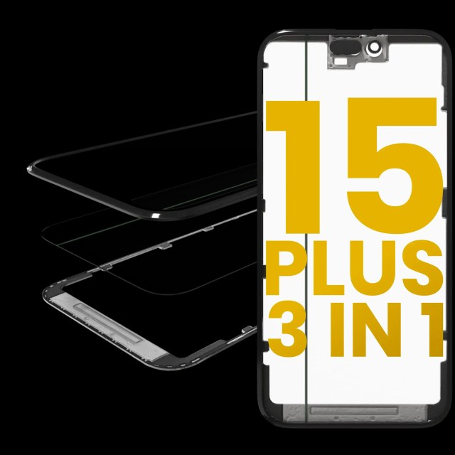 3 in 1 (Vetro con OCA preinstallato + Frame) per iPhone 15 Plus (OCA Master)