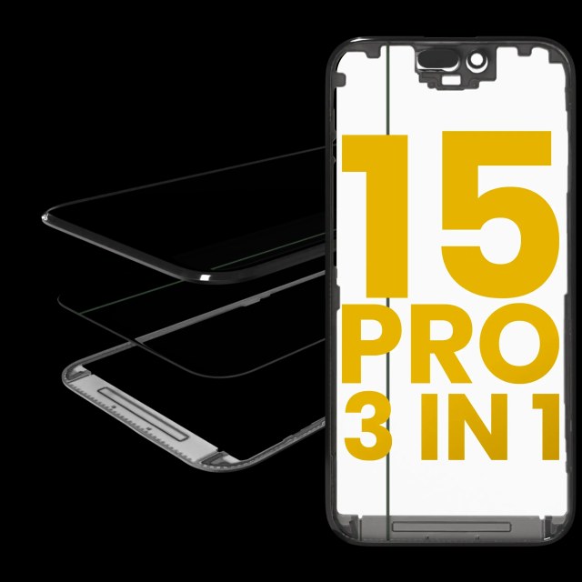 3 in 1 (Vetro con OCA preinstallato + Frame) per iPhone 15 Pro (OCA Master)