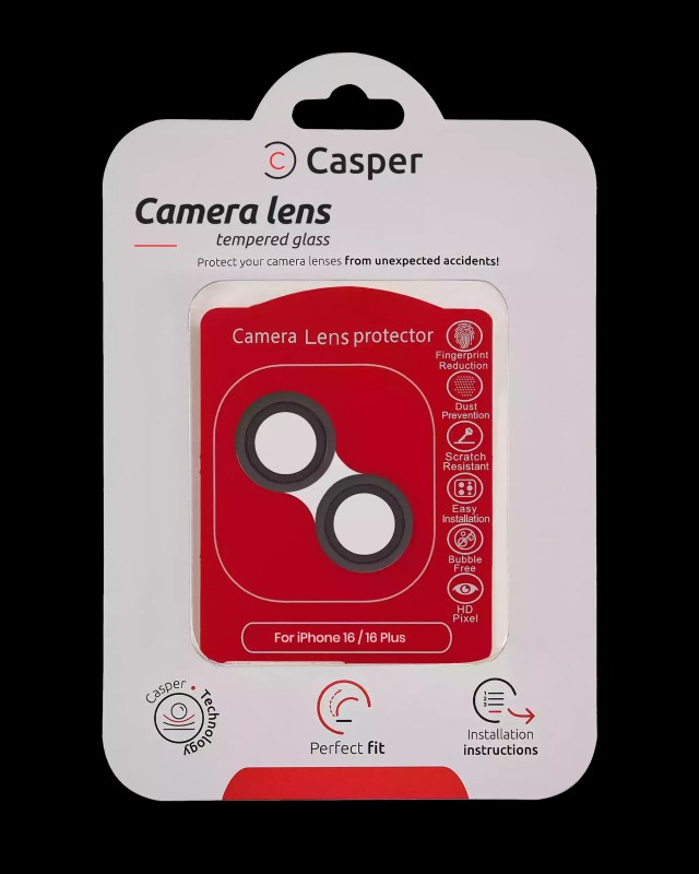 Casper Vetro fotocamera Protector per iPhone 16 / 16 Plus (Nero) (Trasparente)