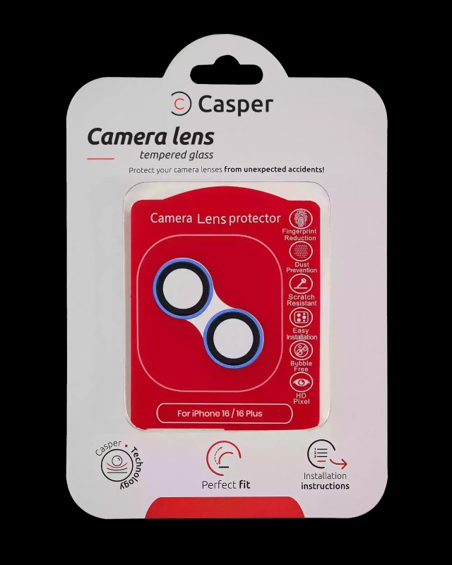 Casper Vetro fotocamera Protector per iPhone 16 / 16 Plus (Blu oltremare) (Trasparente)