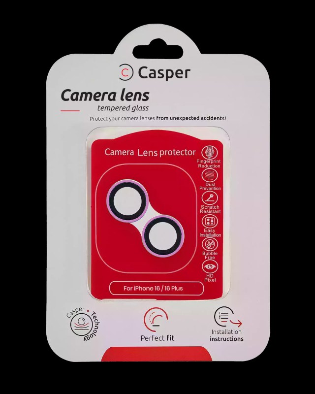 Casper Vetro fotocamera Protector per iPhone 16 / 16 Plus (Rosa) (Trasparente)