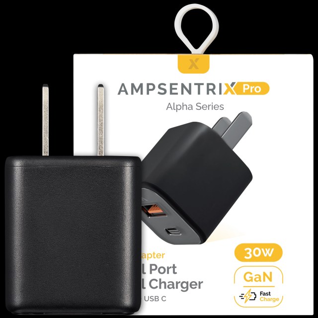 AmpSentrix Pro 30W 2-in-1 USB-C / USB-A GaN Wall Adapter (Titanio nero)
