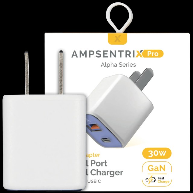 AmpSentrix Pro 30W 2-in-1 USB-C / USB-A GaN Wall Adapter (Blu oltremare)