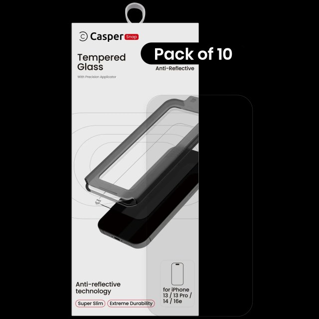 Casper Snap Vetro temperato compatibile per iPhone 13 / 13 Pro / 14 / 16e (10 pezzi) (AR Trasparente)