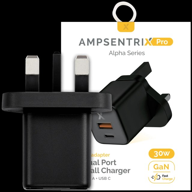AmpSentrix 30W 2-in-1 USB-C / USB-A Wall Adapter (220V / UK Plug) (Titanio nero)
