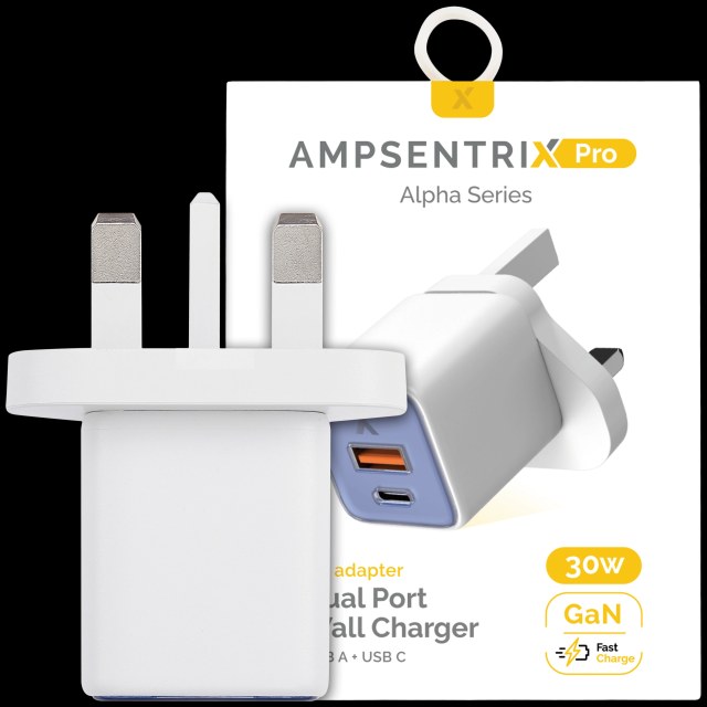 AmpSentrix 30W 2-in-1 USB-C / USB-A Wall Adapter (220V / UK Plug) (Blu oltremare)