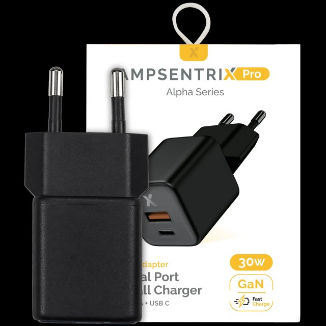 AmpSentrix Pro 30W 2-in-1 USB-C / USB-A GaN Wall Adapter (220V / EU Plug) (Titanio nero)