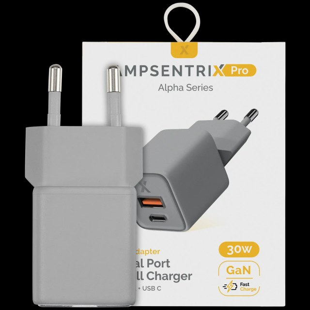 AmpSentrix Pro 30W 2-in-1 USB-C / USB-A GaN Wall Adapter (220V / EU Plug) (Titanio naturale)