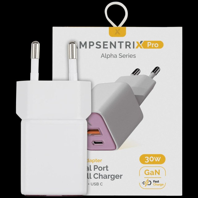AmpSentrix Pro 30W 2-in-1 USB-C / USB-A GaN Wall Adapter (220V / EU Plug) (Rosa)