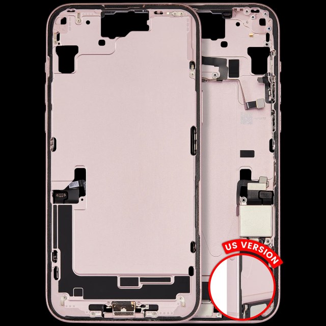 Frame centrale W/ Connettore di ricarica flat e Minuteria per iPhone 15 Plus (US Version) (Used Service Pack Pull: Grade C) (Rosa)