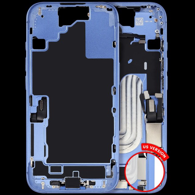 Frame centrale W/ Connettore di ricarica flat e Minuteria per iPhone 16 (US Version) (Used Service Pack Pull: grado A) (Blu oltremare)