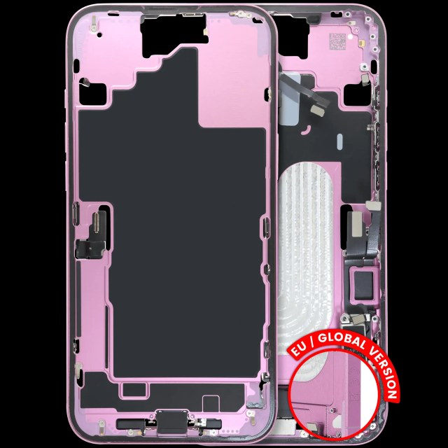 Frame centrale W/ Connettore di ricarica flat e Minuteria per iPhone 16 Plus (EU / Global Version) (Used Service Pack Pull: grado A) (Rosa)