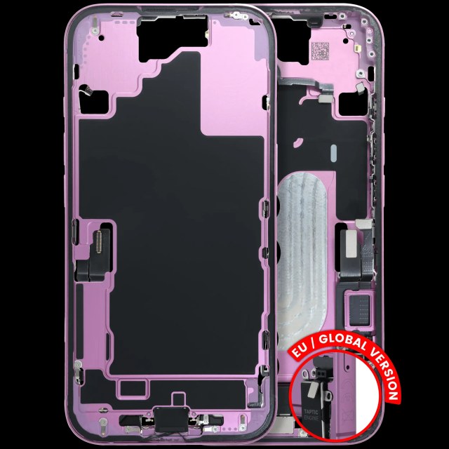 Frame centrale W/ Connettore di ricarica flat e Minuteria per iPhone 16 (EU / Global Version) (Used Service Pack Pull: grado A) (Rosa)
