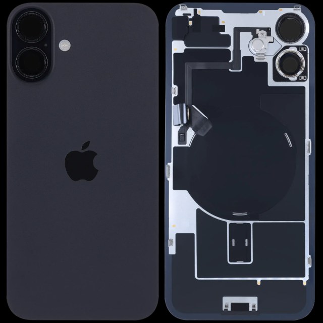 Vetro posteriore con magnete MagSafe, NFC e flat flash per iPhone 16 Plus (Service Pack) (Nero)