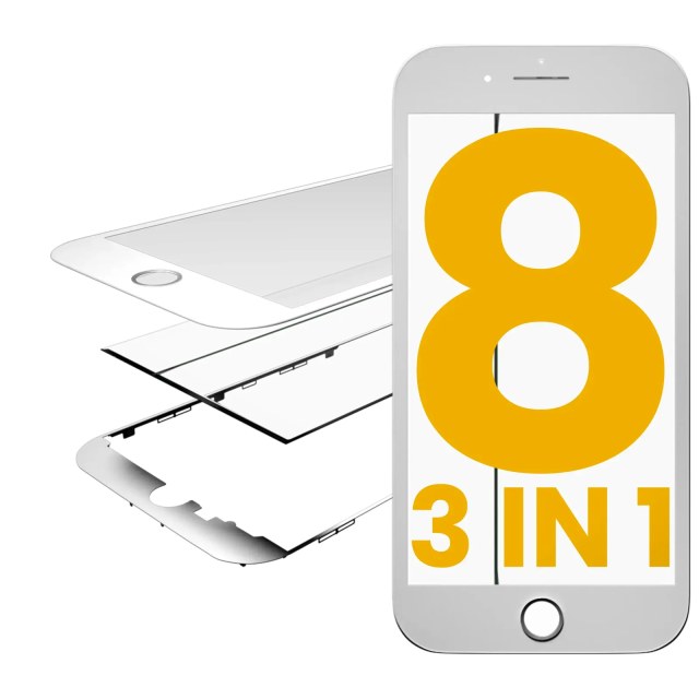 3 in 1 (Vetro con OCA preinstallato + Frame) per iPhone 8 (OCA Master) (2 pezzi) (Bianco)