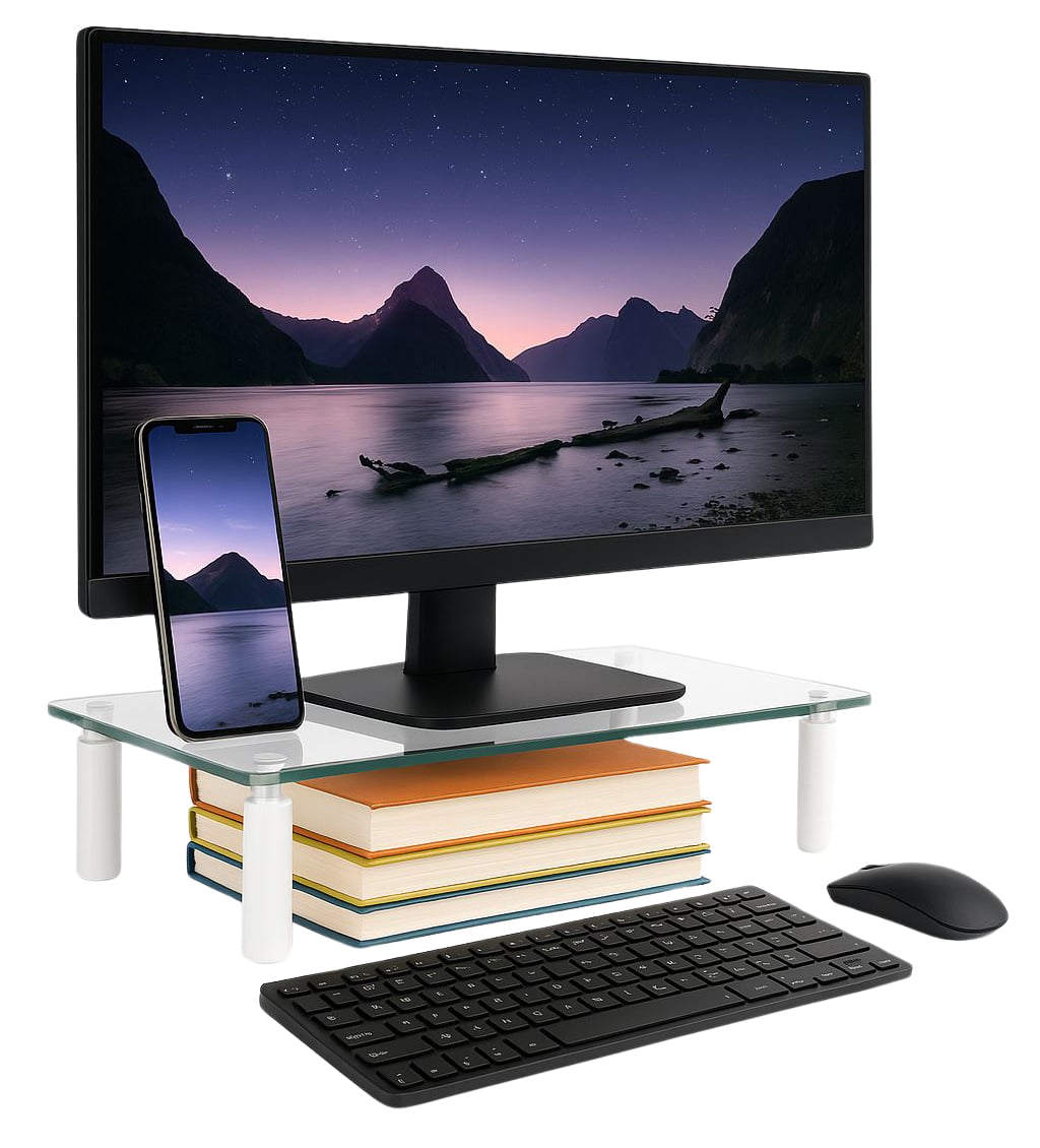 Stand da Scrivania Regolabile Vetro Trasparente per Monitor Notebook