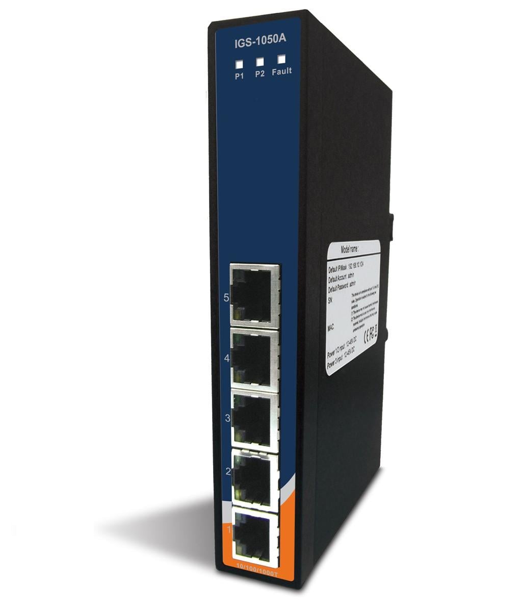 I-SWHUB IND-719 (IGS-1050A) è un Unmanaged Ethernet switch Gigabit con 5 porte 10/100/1000Base-T(X). Supporta ingresso alimentazione ridondante, alloggiamento con protezione IP-30 e con switch DIP per abilitare o disabilitare uscita allarme relay.