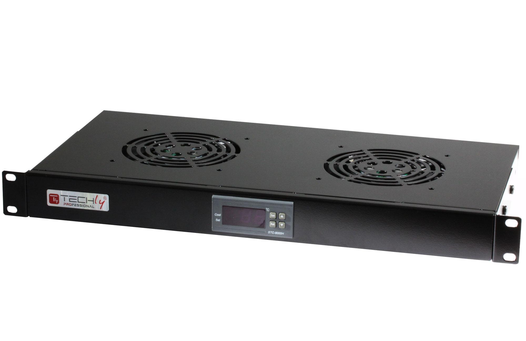 Gruppo 2 Ventole 1U per Rack 19'' con Termostato LED Nero