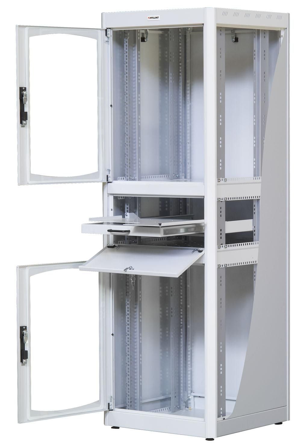 Solido armadio rack a pavimento caratterizzato da un design innovativo con suddivisione in tre sezioni indipendenti, ognuna con chiusura a chiave. E  composto da un vano superiore per collocare un monitor, una sezione centrale con ripiano estraibile ideal