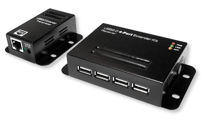 Extender USB.2.0 a 4 porte, in grado di inviare segnali USB attraverso un cavo Cat.5/5e/6 fino a 50 metri a velocità di trasmissione dati High Speed (480 Mbps), Full Speed (12 Mbps) e Low Speed (1,5 Mbps ). Basta collegare il cavo LAN nel connettor
