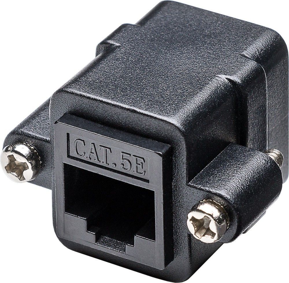 Adattatore in grado di estendere una connessione di rete, che può essere utilizzato per collegare vari dispositivi. La porta femmina può essere fissata con due viti, ad esempio ad una staffa dello slot, una canalina o una custodia con la cor