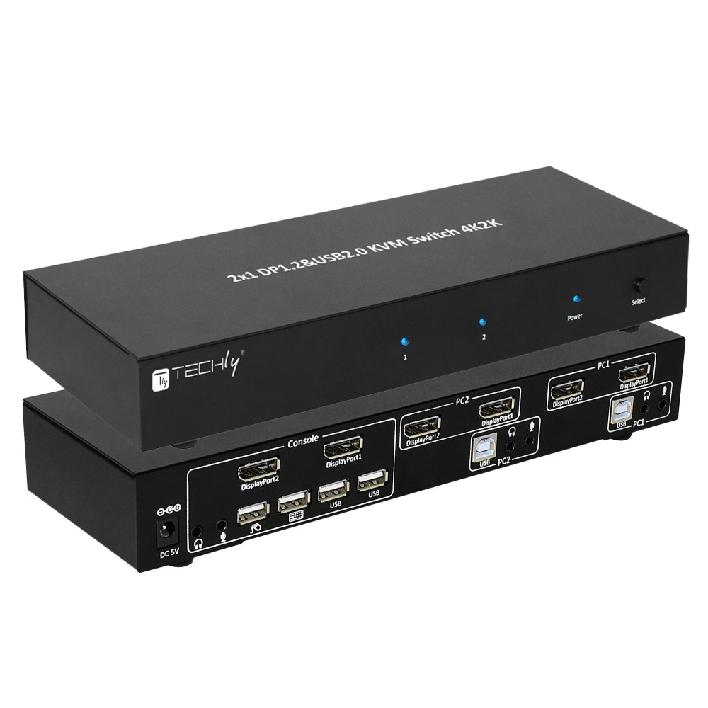 Questo 2x1 DP&USB KVM Switch permette di condividere uno schermo, una tastiera e un mouse USB con audio e microfono tra due computer USB e Dual Head DP. È provvisto di due porte USB 2.0 extra con rilevamento e protezione da picchi di corrente per connette