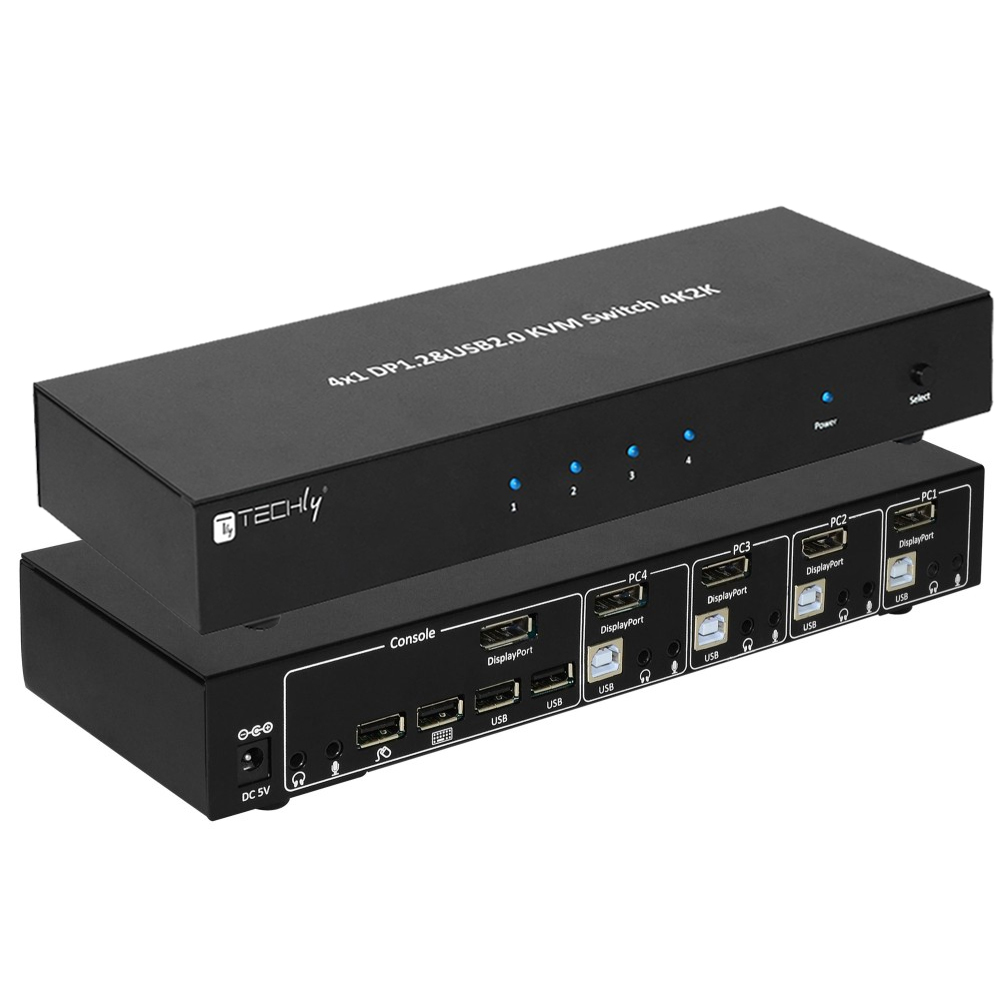 Questo 4x1 DP&USB KVM Switch permette di condividere uno  schermo, una tastiera e un mouse USB con audio e microfono tra due computer DP e USB. È provvisto di due porte USB 2.0 extra con rilevamento e protezione da picchi di corrente per connettere du