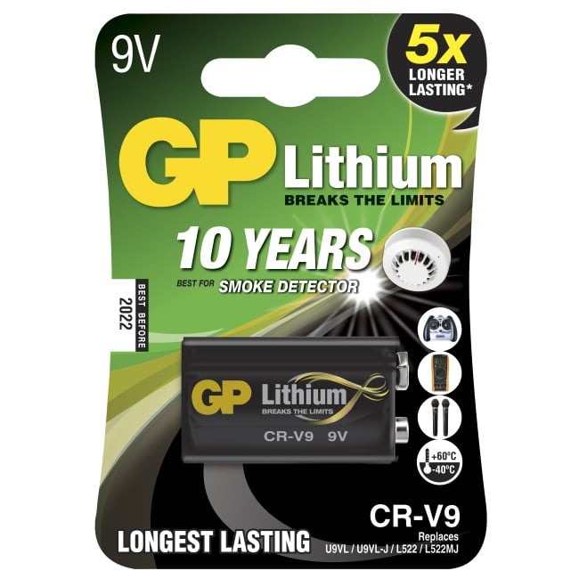 GP lithium 9v è la scelta migliore per i rivelatori di fumo. Fornisce una durata di servizio di 10 anni, la più alta densità di energia, una tensione di scarica stabile e un ampio intervallo di temperature operative. La batteria GP al