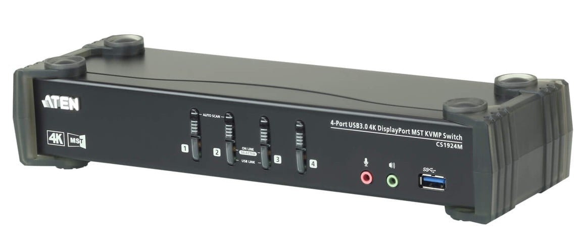 Integrando la tecnologia Multi-Stream Transport (MST) più recente, lo switch 4K DisplayPort MST KVMP™ USB 3.0 a 4 porte CS1924M è il primo switch DisplayPort KVM al mondo con hub MST integrato. CS1924M consente agli utenti di adottare