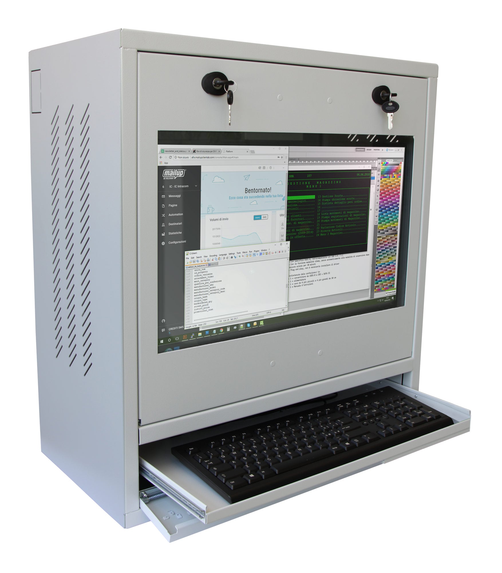Contenitore in metallo verniciato indicato per alloggiare un PC, un monitor LCD fino a 22” e una tastiera. Grazie alle due serrature con chiavi diverse permette di proteggere il dispositivo da accessi indesiderati, mettendo in sicurezza tutti i dati sensi