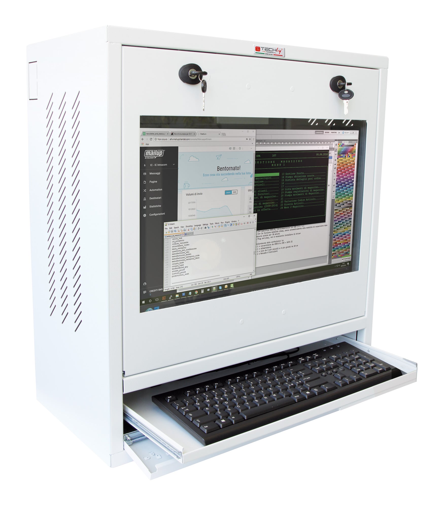 Contenitore in metallo verniciato indicato per alloggiare un PC, un monitor LCD fino a 22” e una tastiera. Grazie alle due serrature con chiavi diverse permette di proteggere il dispositivo da accessi indesiderati, mettendo in sicurezza tutti i dati sensi