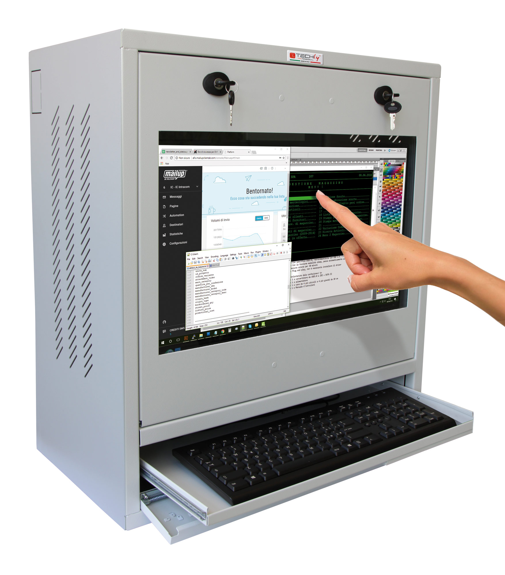 Contenitore in metallo verniciato indicato per alloggiare un PC, un monitor LCD fino a 22” e una tastiera. Grazie alle due serrature con chiavi diverse permette di proteggere il dispositivo da accessi indesiderati, mettendo in sicurezza tutti i dati sensi
