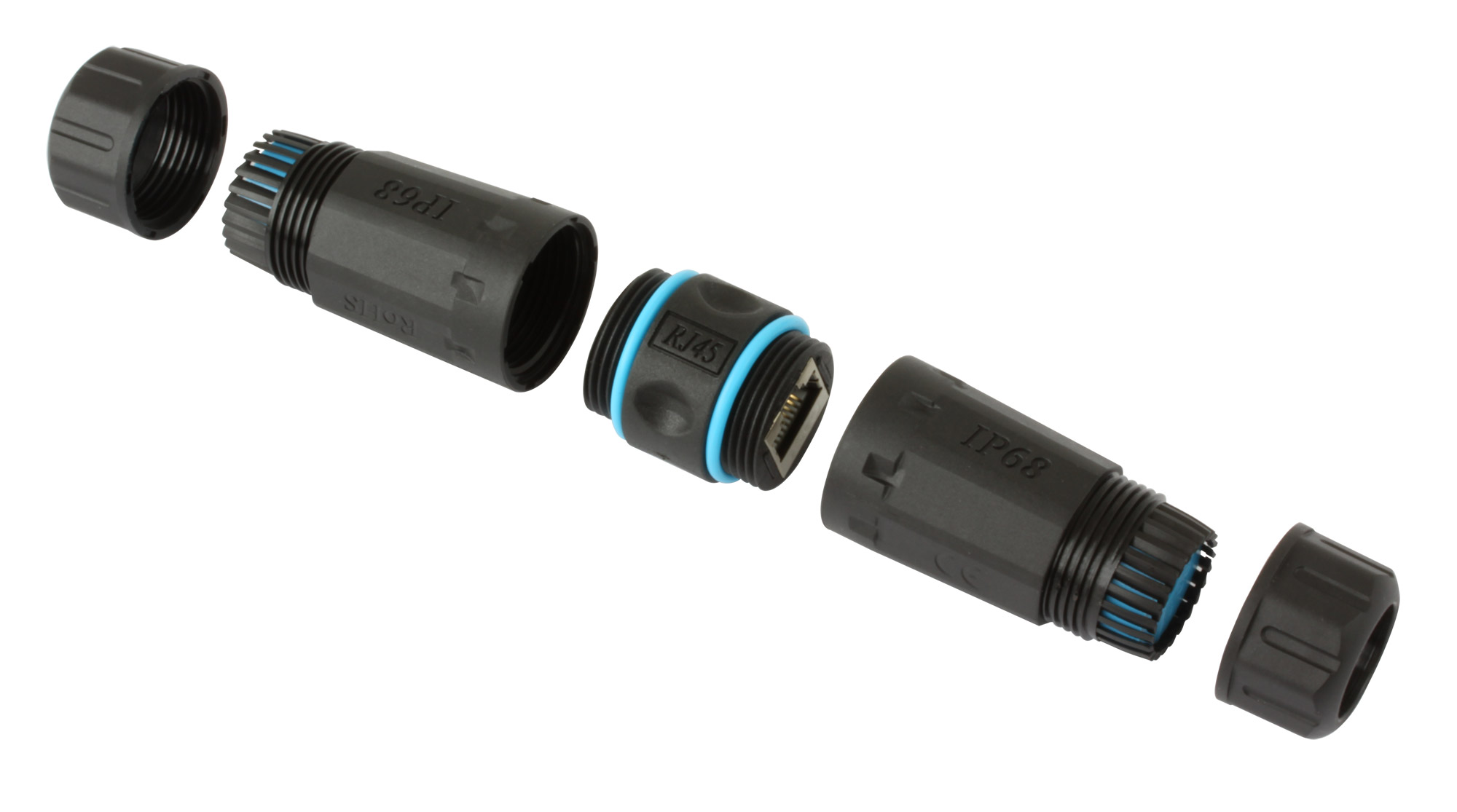 Adattatore Cat.6 RJ45 F/F indicato per connettere due cavi RJ45 esistenti, offrendo un eccellente protezione contro l ambiente ostile. L involucro con meccanismo di aggancio a vite garantisce una maggiore protezione del sistema di connessione contro l umi