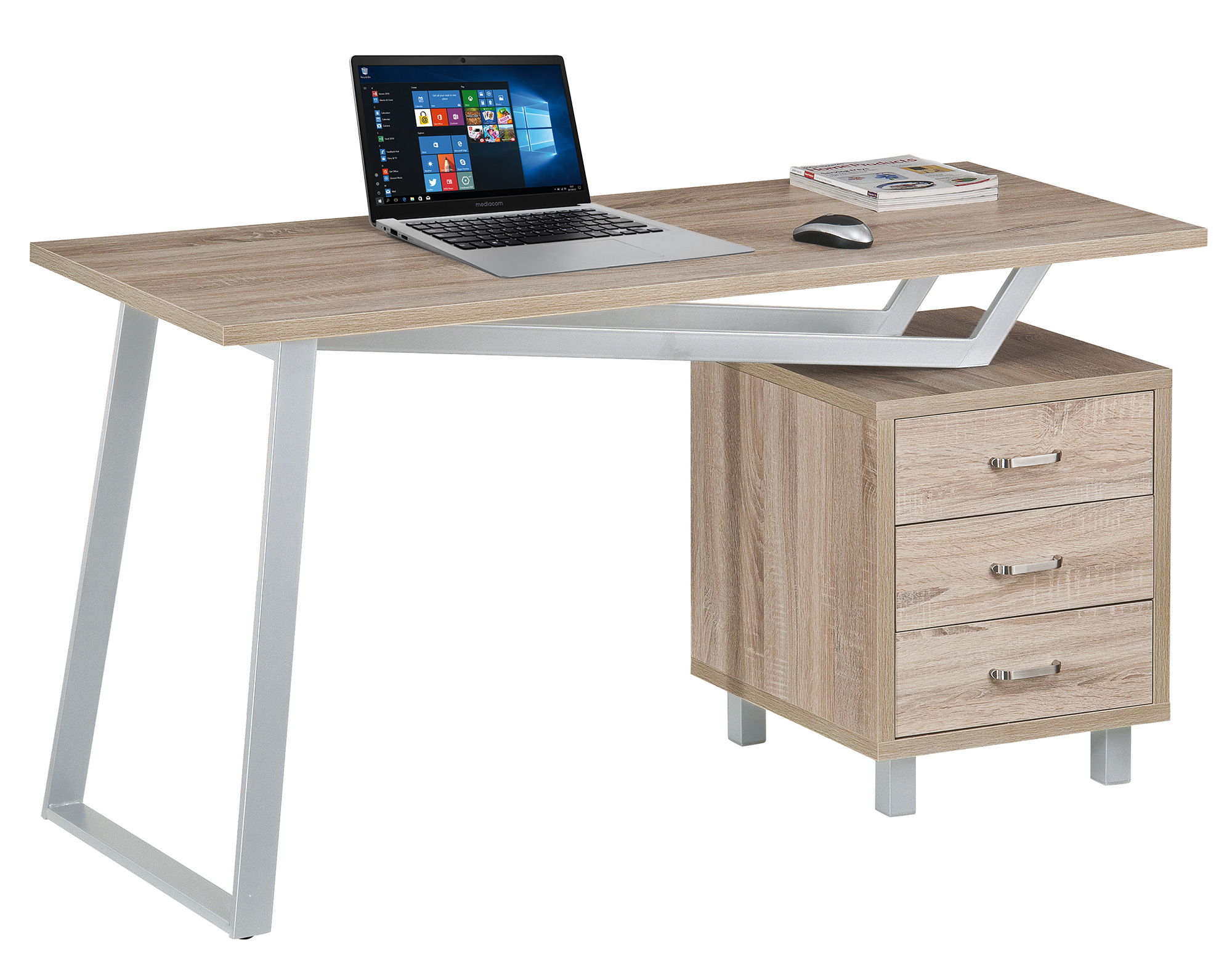 Scrivania per Computer dal Design Moderno con Tre Cassetti Quercia