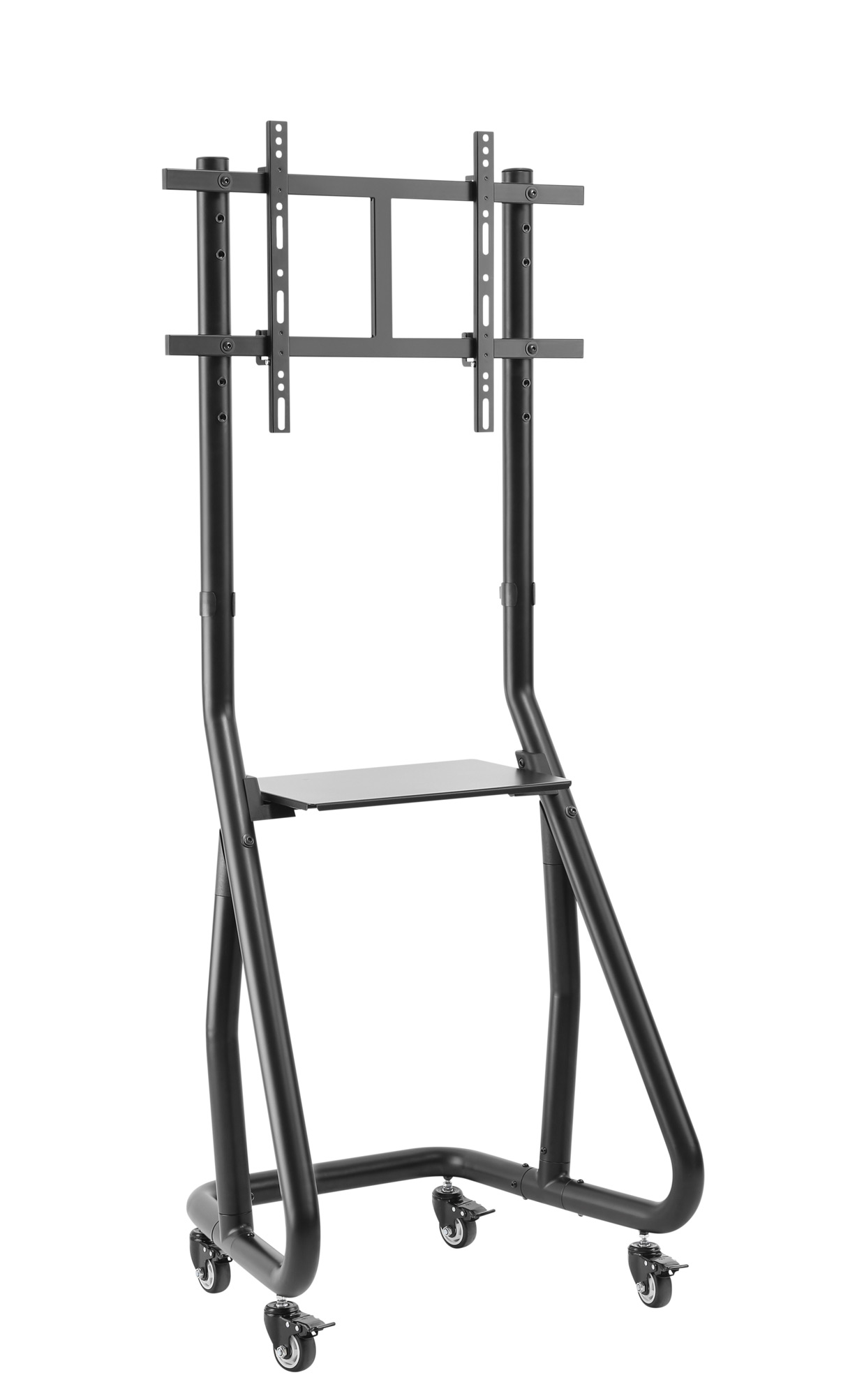 Supporto da pavimento con design elegante e struttura solida e robusta in grado di supportare fino a 80 kg. Carrello TV durevole che si adatta a qualsiasi ufficio o ambiente commerciale e, grazie all ampia mensola di cui è dotato, è in grado