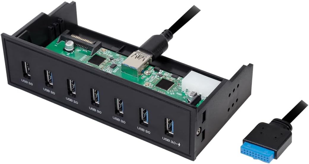 Hub USB interno 5,25 a 7 porte USB 3.2 Gen1 (già USB 3.0), che possono essere utilizzate per gestire una vasta gamma di dispositivi USB come stampanti, scanner, dischi rigidi esterni o lettori di schede. Non richiede driver. Grazie allo standard US
