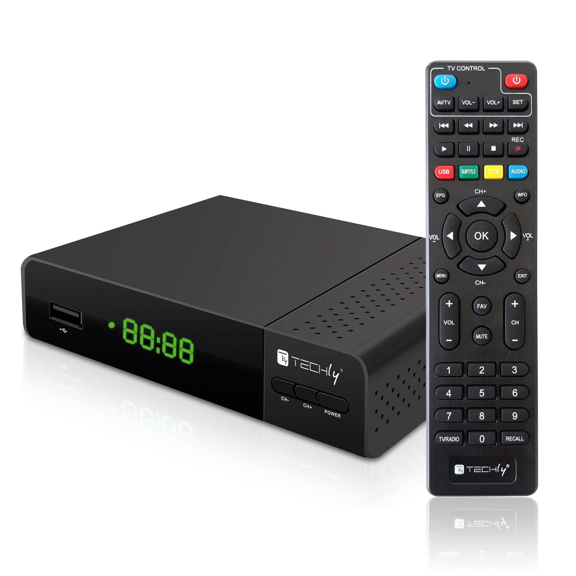 Decoder con tasti di comando inclusi sul frontale per cambiare comodamente canale e per lo spegnimento. Permette di salvare delle liste preferite per programmi TV e radio. La guida elettronica dei programmi consente di ottenere direttamente sullo schermo
