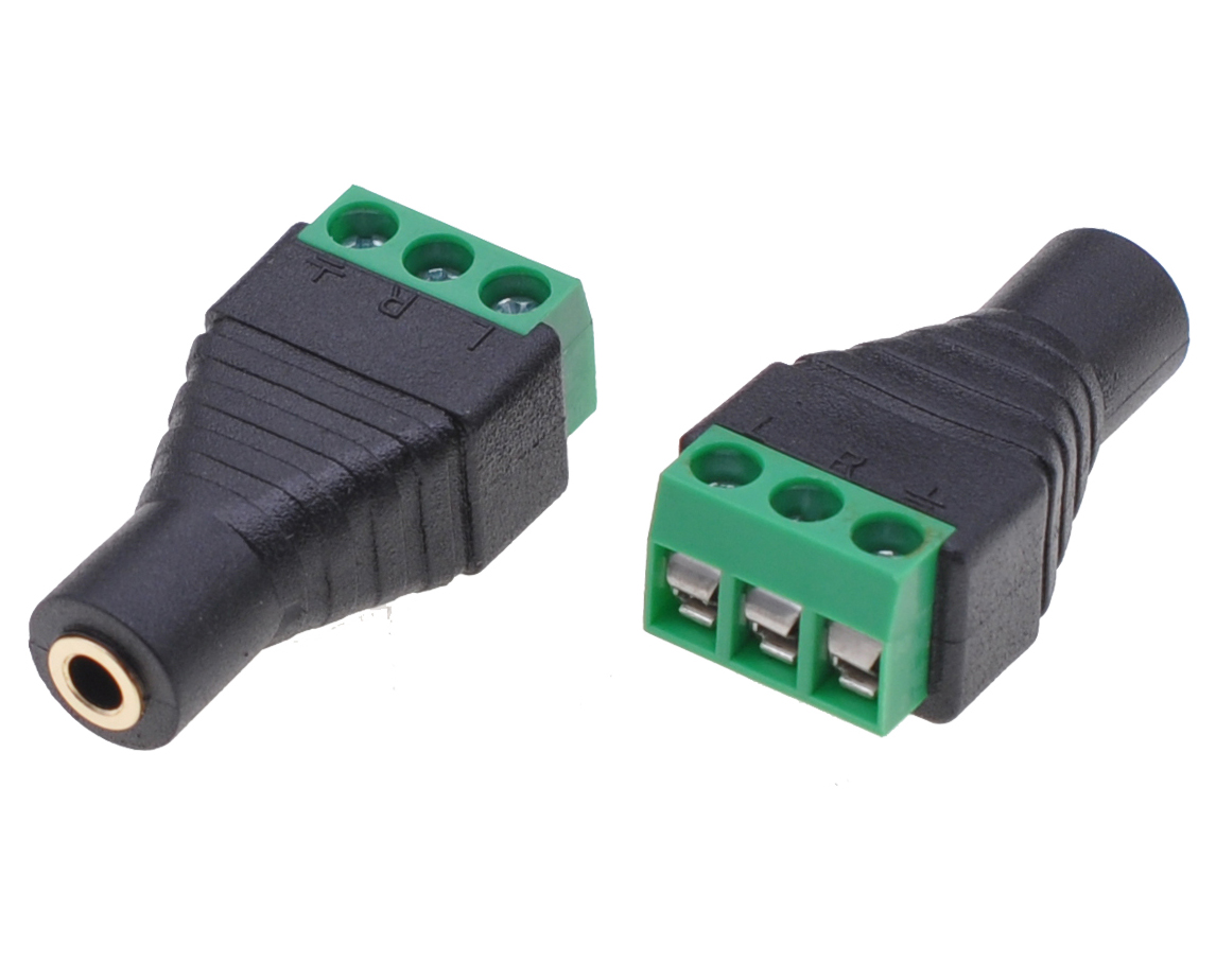 IADAP TB3T-AU35F è un adattatore stereo a morsettiera, ideale per particolari applicazioni industriali come ad esempio per il collegamento di fili singoli con la testa del cavo aperta. Può anche essere utilizzato nell hobby audio. Permette d
