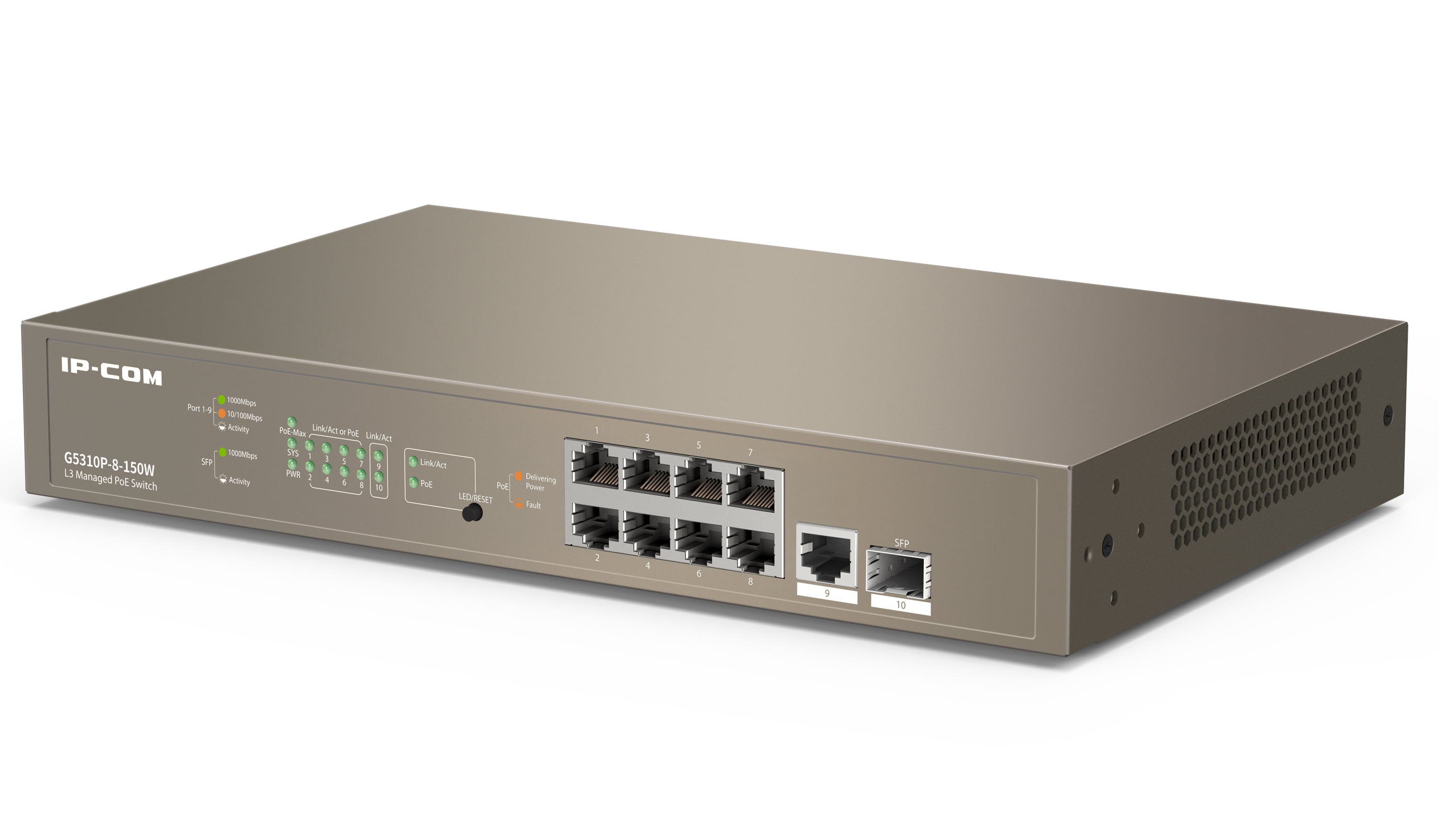 ICIP-G5310P-8 è uno switch PoE gestito da IP-COM Layer-3. Per soddisfare la richiesta di accesso ad alte prestazioni, lo switch fornisce 9 porte Ethernet 10/100/1000 Mbps Base-T e 1 porta SFP Base-X da 1000 Mbps separata e una potenza PoE fino a 13