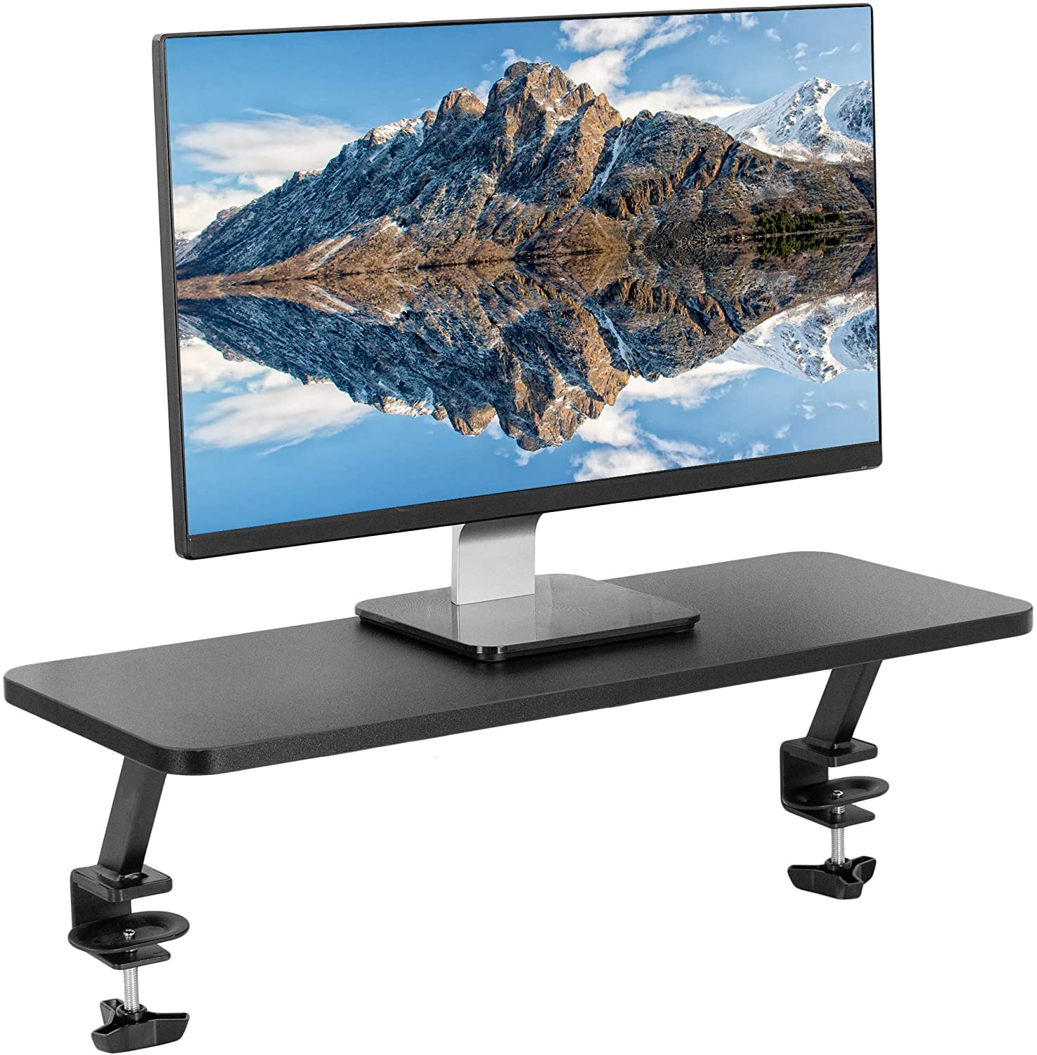 Stand da tavolo in grado di supportare fino a 20kg di peso, lasciando spazio per due monitor e display per laptop insieme a piccoli articoli per ufficio e decorazioni. Aggiunge un secondo livello alla tua scrivania con due robusti morsetti; crea uno spazi