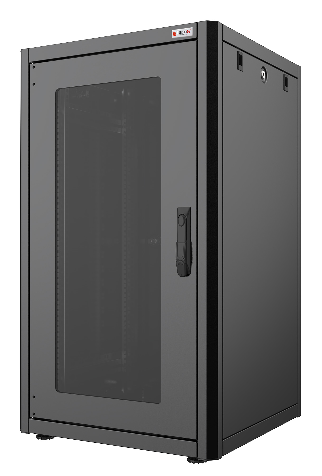 Solido armadio rack a pavimento caratterizzato da una struttura solida e robusta e un design moderno dalla linea essensiale con profili arrotondati che non trascura la praticità nell installazione. Dotato di doppi montanti anteriori e posteriori re