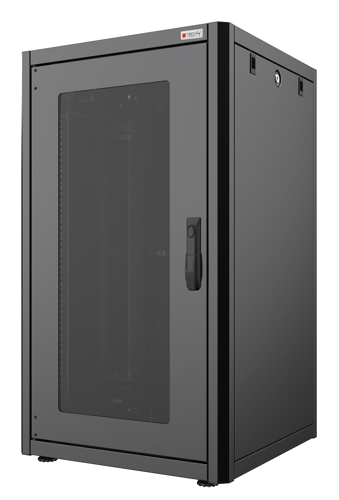 Solido armadio rack a pavimento caratterizzato da una struttura solida e robusta e un design moderno dalla linea essenziale con profili arrotondati che non trascura la praticità nell installazione. Dotato di doppi montanti anteriori e posteriori re