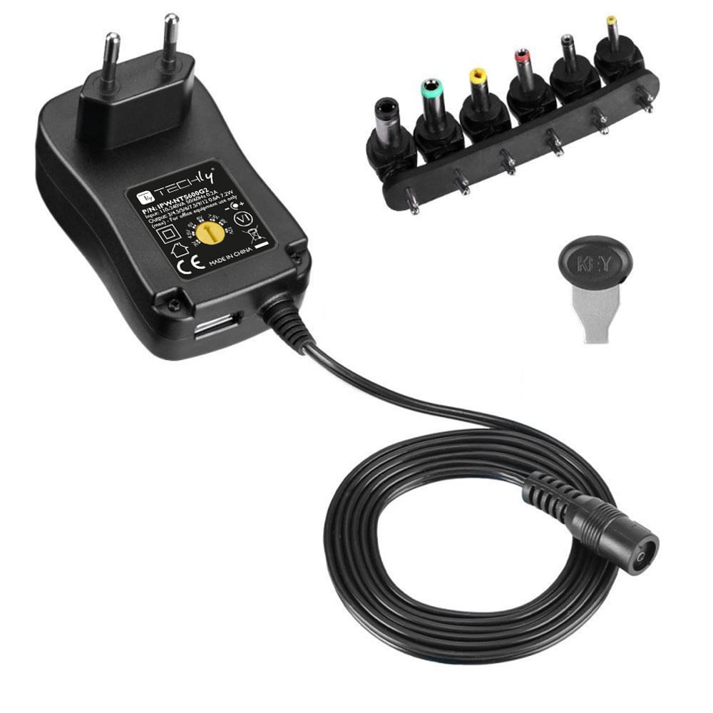 Alimentatore Universale Regolabile 7,2W AC/DC 3V-12V 600 mA con 6 Spine DC Porta USB 1A
