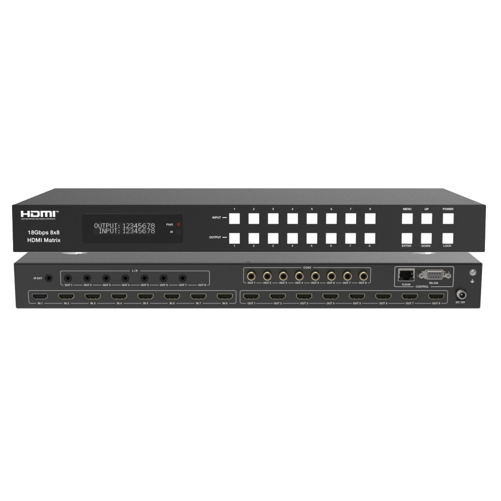 La matrice IDATA HDMI-MXB88D HDMI 8x8 da 18 Gbps supporta la trasmissione di video (fino a 4Kx2K a 60 Hz YUV 4:4:4) e audio digitale multicanale ad alta risoluzione da 8 sorgenti HDMI a 8 display HDMI. L audio scorporato in audio analogico e coassiale &eg