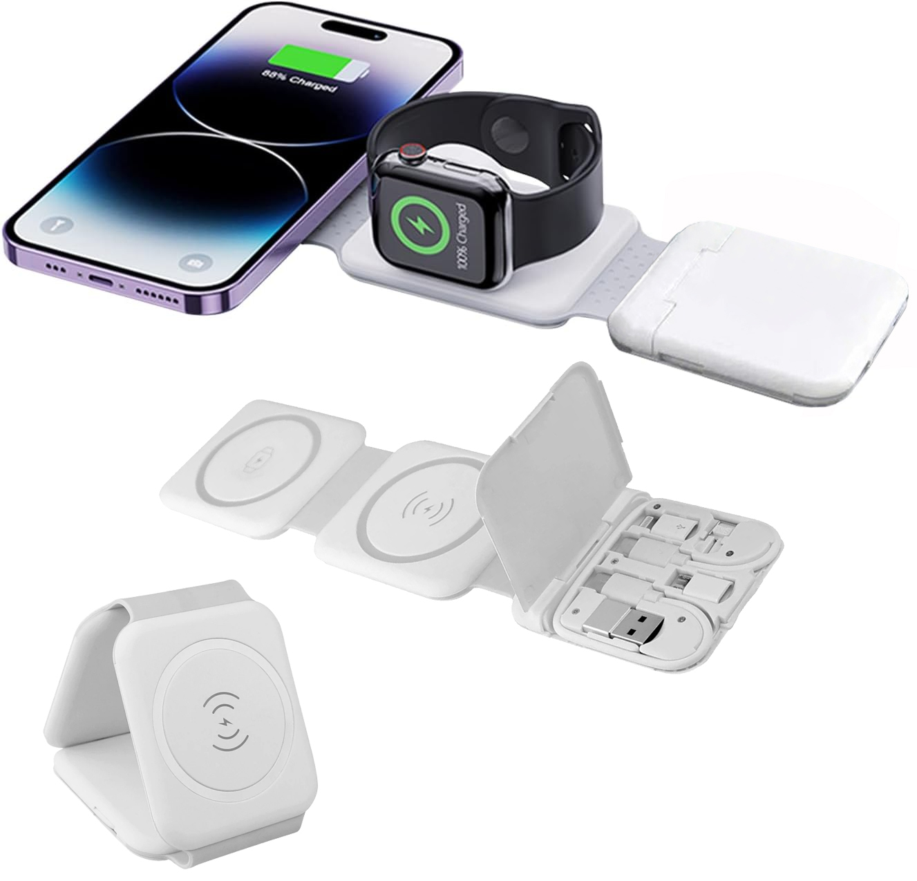 Il caricabatterie pieghevole compatibile con MagSafe è la soluzione perfetta per caricare in modalità wireless dispositivi abilitati Qi come smartphone, smartwatch o auricolari. Con questa pratica stazione di ricarica potrai caricare contemp