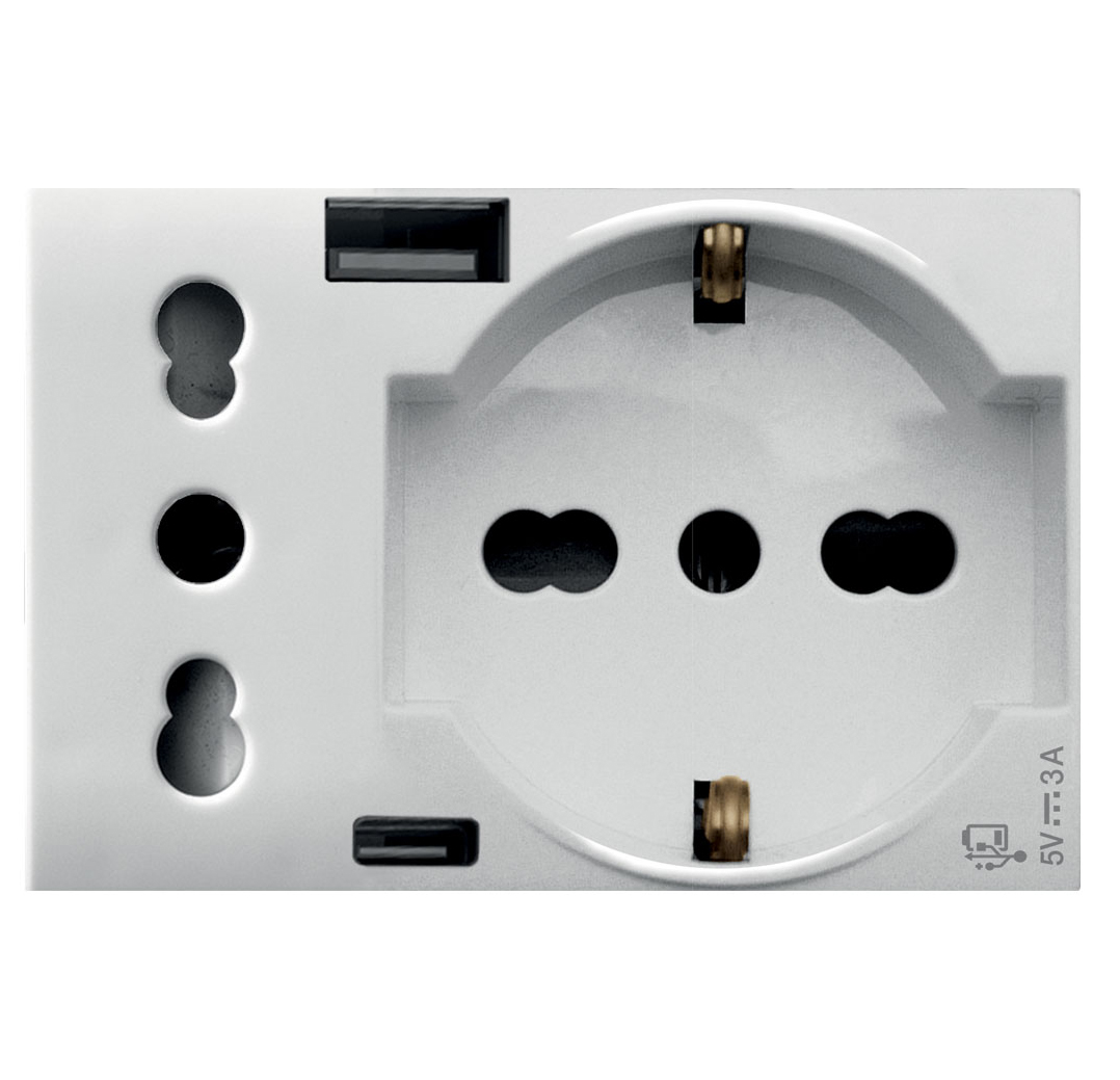 WHITEK S44 Presa Schuko Presa Italiana USB-A e USB-C™ 2P+T 10/16A 250V 3 Moduli Bianco Opaco, 44609015USB